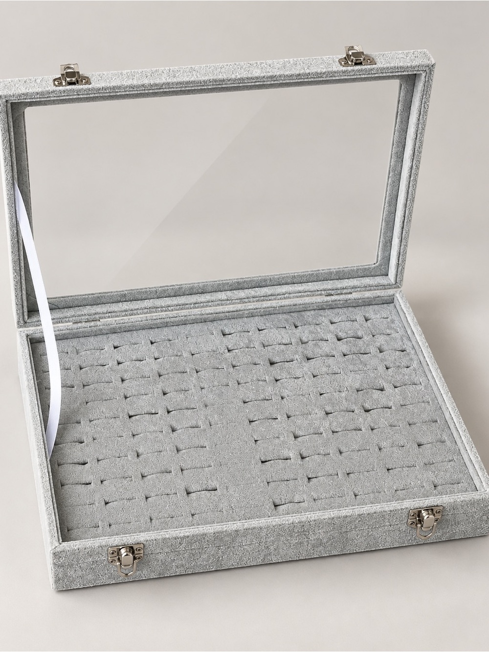 Gray 100-Slot Ring Display Storage Case Clear Lid